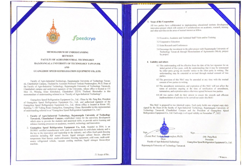 The strategic cooperation agreement signed between Speedcryo and Rajamangala University of Technology Tawan-ok in Thailand